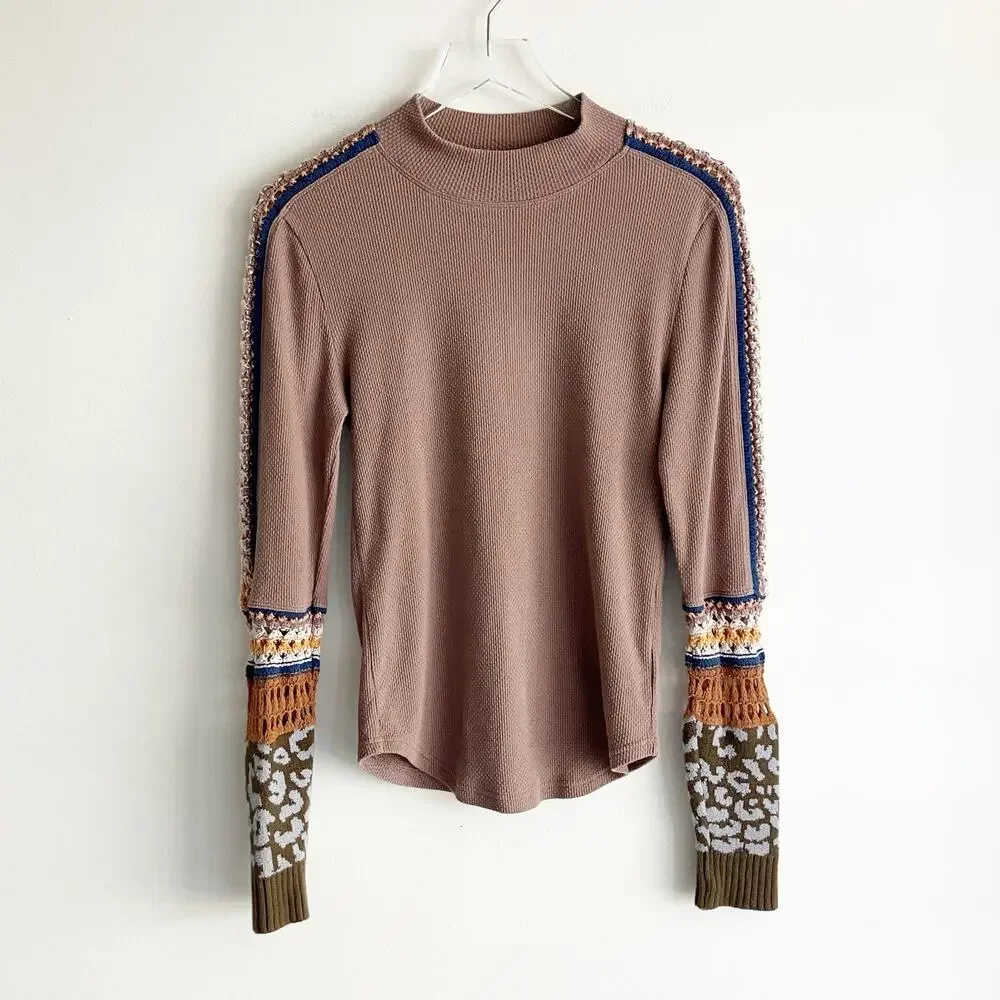 Free People Medium Crochet Sleeves Thermal Brown Boho Bohemian Fall Autumn - Picture 1 of 6